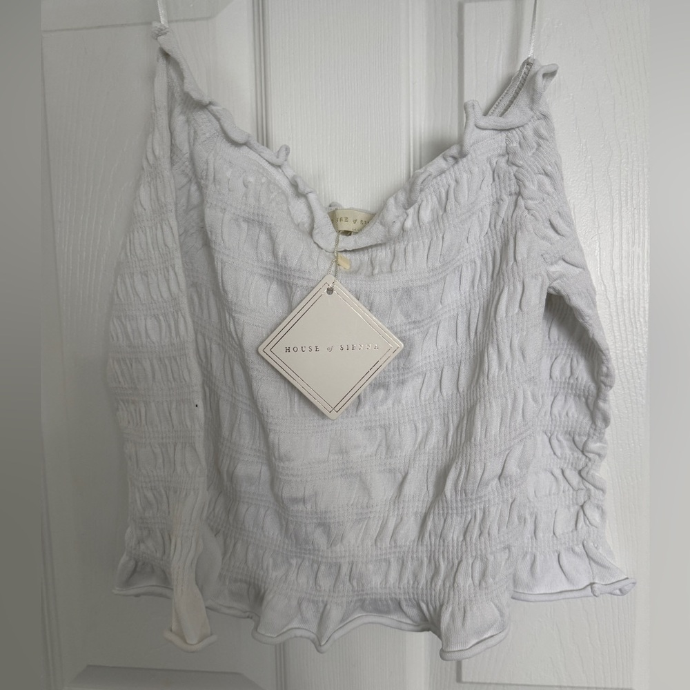 White Off the Shoulder Smocked Long Sleeve Women's Top